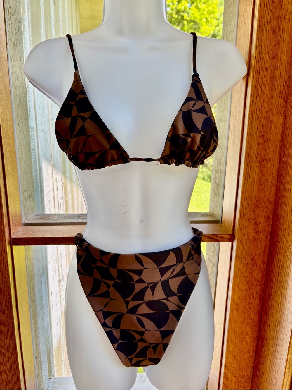 Skatie Bikini Black Bronze Geo Print String Top Retro Full Cover Bottom Medium